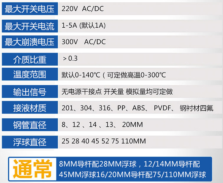 磷酸浮球液位计技术参数对照表