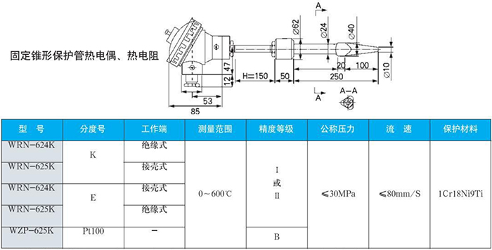 电站测温专用热电偶固定锥形保护管规格表